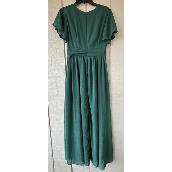 Showpo Dress Womens 6 Green Maxi Flutter Sleeve V Neck Ruched Waist Formal Gown - Picture 7 of 9